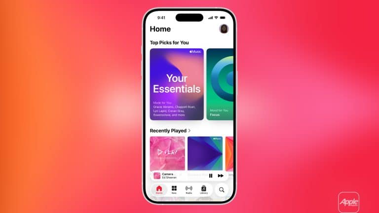 A smartphone displaying an Apple Music app interface with "Your Essentials" playlist, recently played tracks, and a pink-orange gradient background. The Apple logo is in the corner, highlighting seamless Apple Music Favorite sync across devices.