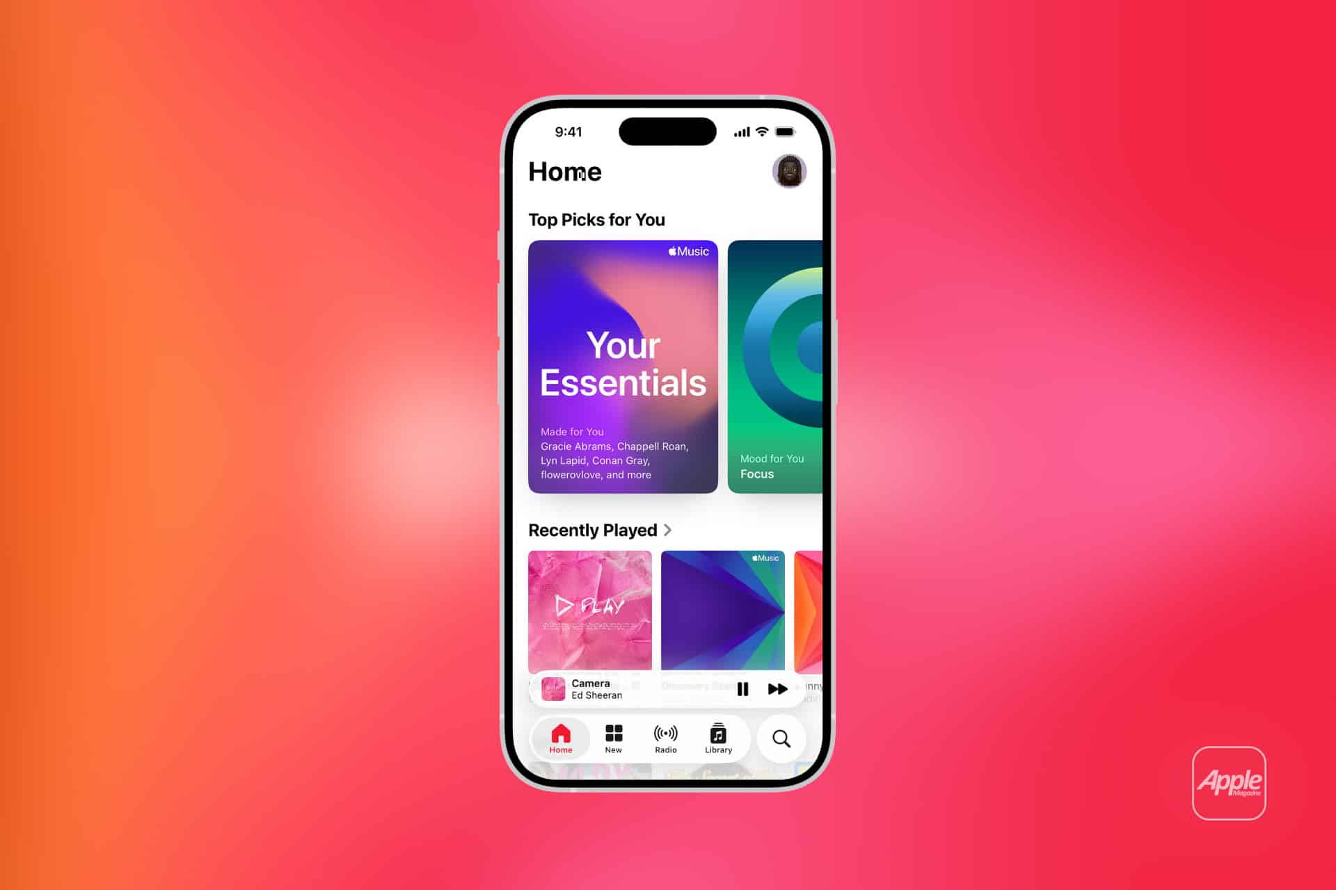 A smartphone displaying an Apple Music app interface with "Your Essentials" playlist, recently played tracks, and a pink-orange gradient background. The Apple logo is in the corner, highlighting seamless Apple Music Favorite sync across devices.