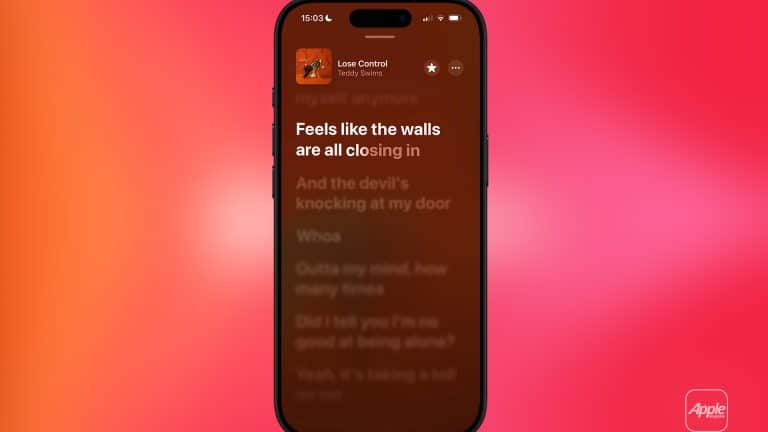 A smartphone screen displays song lyrics from "Lose Control" by Teddy Swims, with the line "Feels like the walls are all closing in" highlighted. The blurred red and pink background hints at Apple Music favorites sync with a small Apple logo in the corner.
