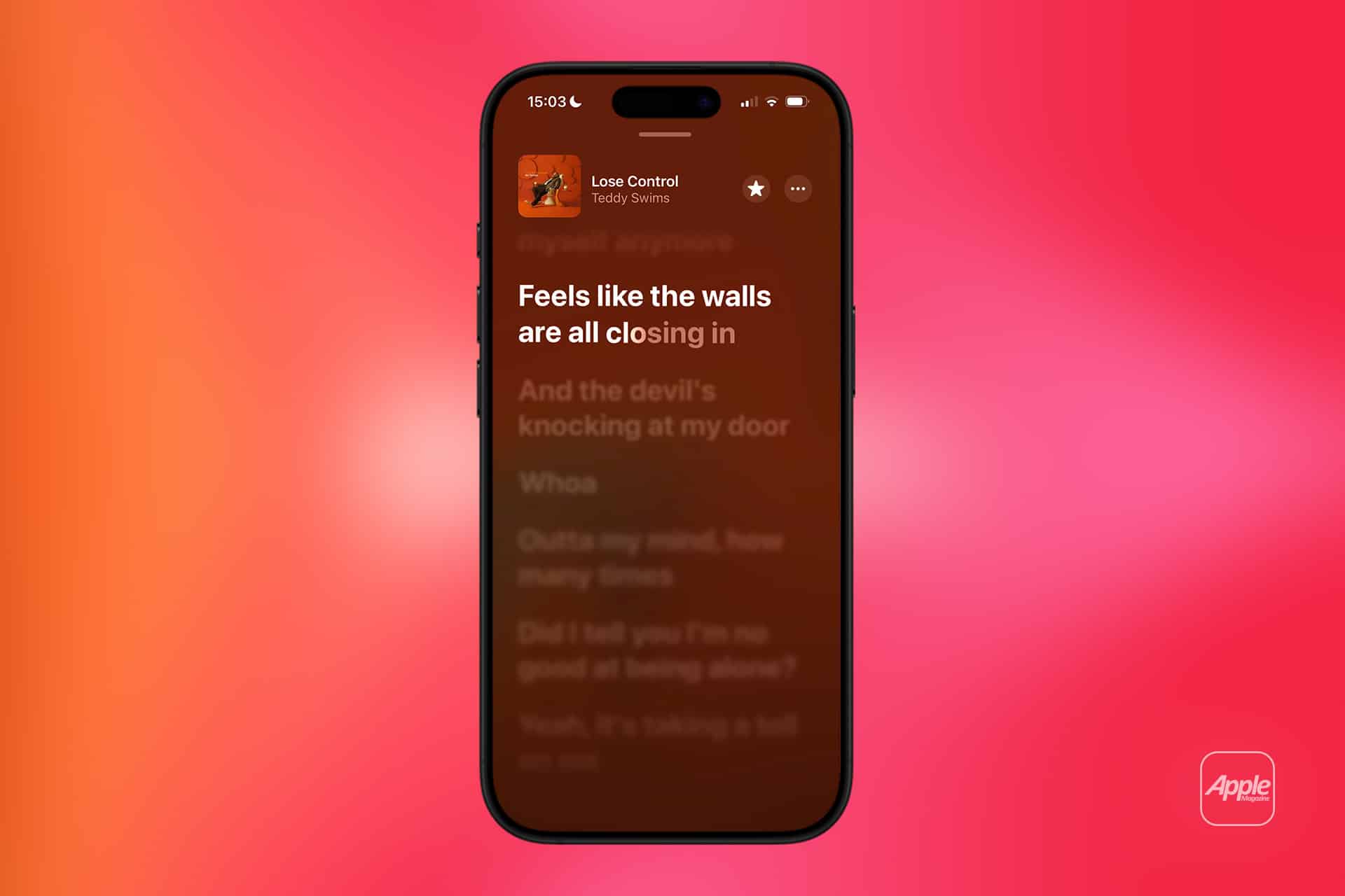 A smartphone screen displays song lyrics from "Lose Control" by Teddy Swims, with the line "Feels like the walls are all closing in" highlighted. The blurred red and pink background hints at Apple Music favorites sync with a small Apple logo in the corner.