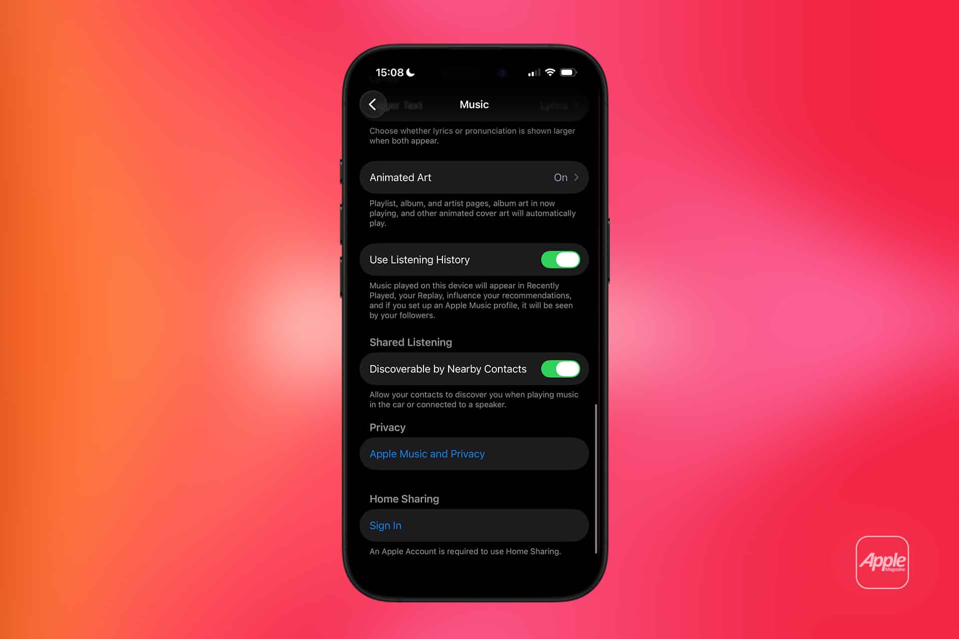 An iPhone displays the Apple Music settings screen on a pink and orange gradient background. Several options, including "Use Listening History," "Discoverable by Nearby Contacts," and "Apple Music Favorite sync," are toggled on. The Apple logo is visible in the corner.