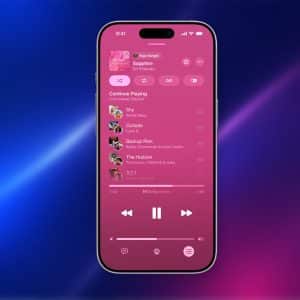 A smartphone screen displays a pink-themed music player app with Apple Music Sync, showing "Sapphire" by Ed Sheeran, a playlist with song titles and artist names, and playback controls over a blue and pink gradient background.