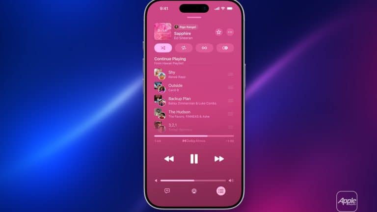 A smartphone screen displays a pink-themed music player app with Apple Music Sync, showing "Sapphire" by Ed Sheeran, a playlist with song titles and artist names, and playback controls over a blue and pink gradient background.