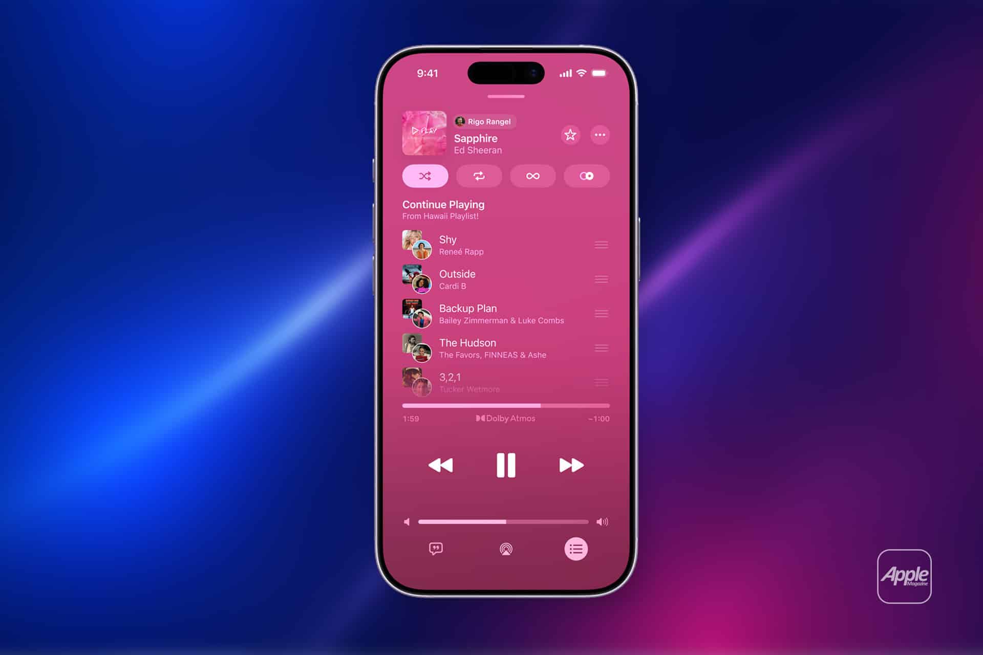 A smartphone screen displays a pink-themed music player app with Apple Music Sync, showing "Sapphire" by Ed Sheeran, a playlist with song titles and artist names, and playback controls over a blue and pink gradient background.