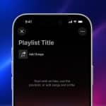 A smartphone screen displays the Playlist Playground music app interface for creating a playlist, with "Playlist Title," an option to add songs, and a prompt to get started. The background features a blue and purple gradient.