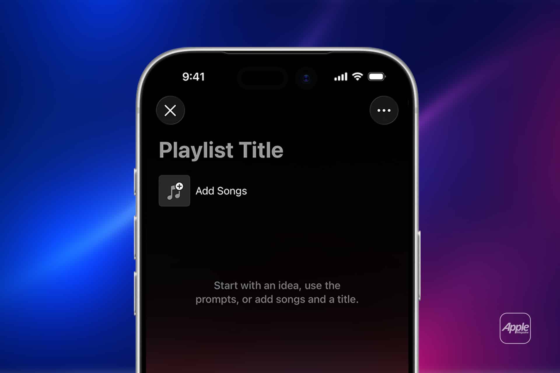 A smartphone screen displays the Playlist Playground music app interface for creating a playlist, with "Playlist Title," an option to add songs, and a prompt to get started. The background features a blue and purple gradient.
