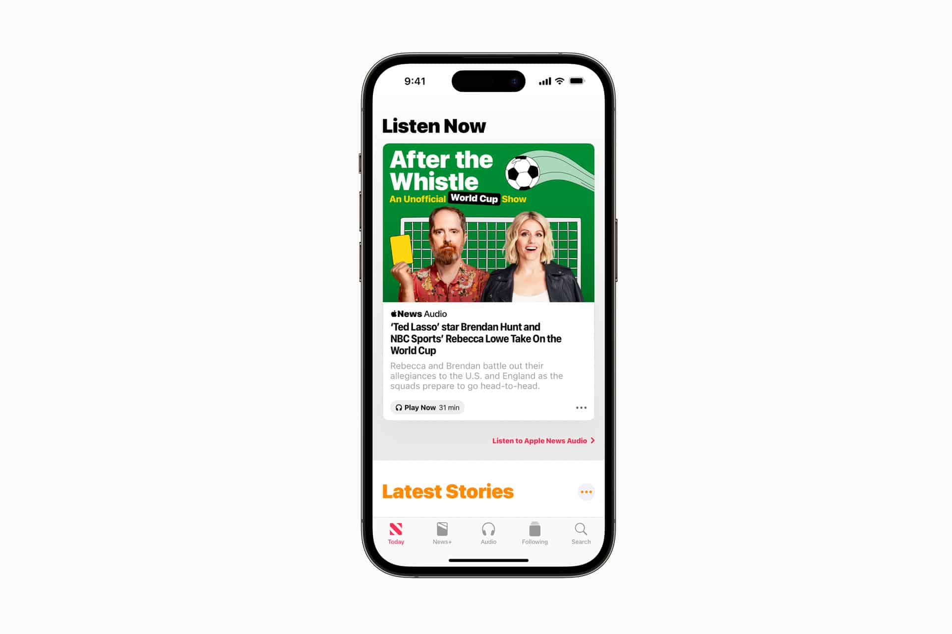 An iPhone displaying the “After the Whistle” podcast on Apple News audio stories, featuring hosts Brendan Hunt and Rebecca Lowe with a green soccer-themed background. The screen also shows navigation tabs at the bottom.