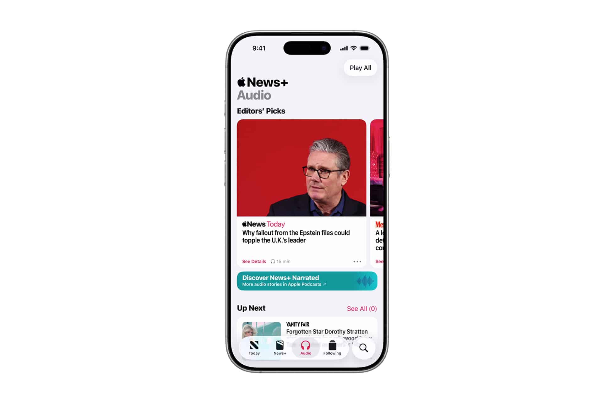 An iPhone displays the Apple News+ Audio app, showcasing Apple News audio stories with a man in glasses and a suit, a Play All button at the top, and sections for Editors’ Picks and Up Next below.