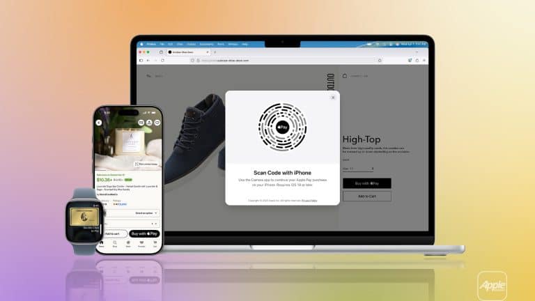 A MacBook, iPhone, and Apple Watch display Apple Pay features. The MacBook shows a payment scan code, the iPhone displays an Apple Pay security screen, and the Apple Watch shows payment confirmation. Apple logo is in the corner.