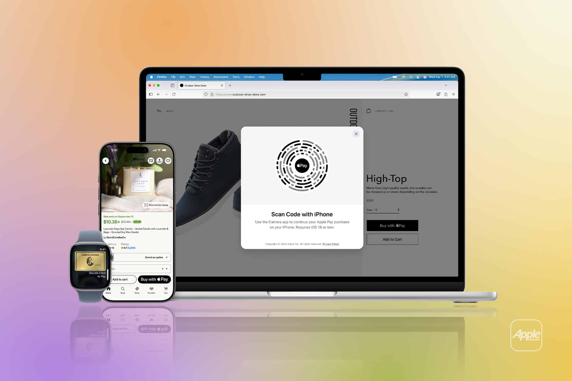 A MacBook, iPhone, and Apple Watch display Apple Pay features. The MacBook shows a payment scan code, the iPhone displays an Apple Pay security screen, and the Apple Watch shows payment confirmation. Apple logo is in the corner.