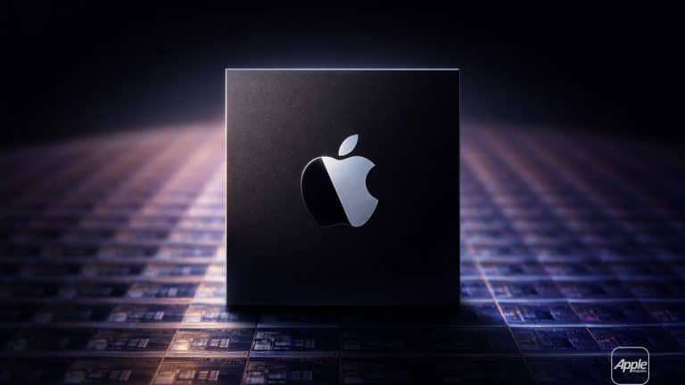 A black Apple silicon chip with a silver Apple logo stands upright on a surface covered with microchip patterns, illuminated by dramatic lighting—symbolizing the innovation in the Apple chip roadmap.