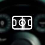 A white outline of a soccer field icon is centered over a blurred car dashboard with visible speedometer and gauge dials, highlighting Apple Sports widgets. The Apple logo appears in the bottom right corner.