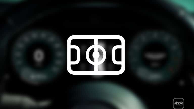 A white outline of a soccer field icon is centered over a blurred car dashboard with visible speedometer and gauge dials, highlighting Apple Sports widgets. The Apple logo appears in the bottom right corner.