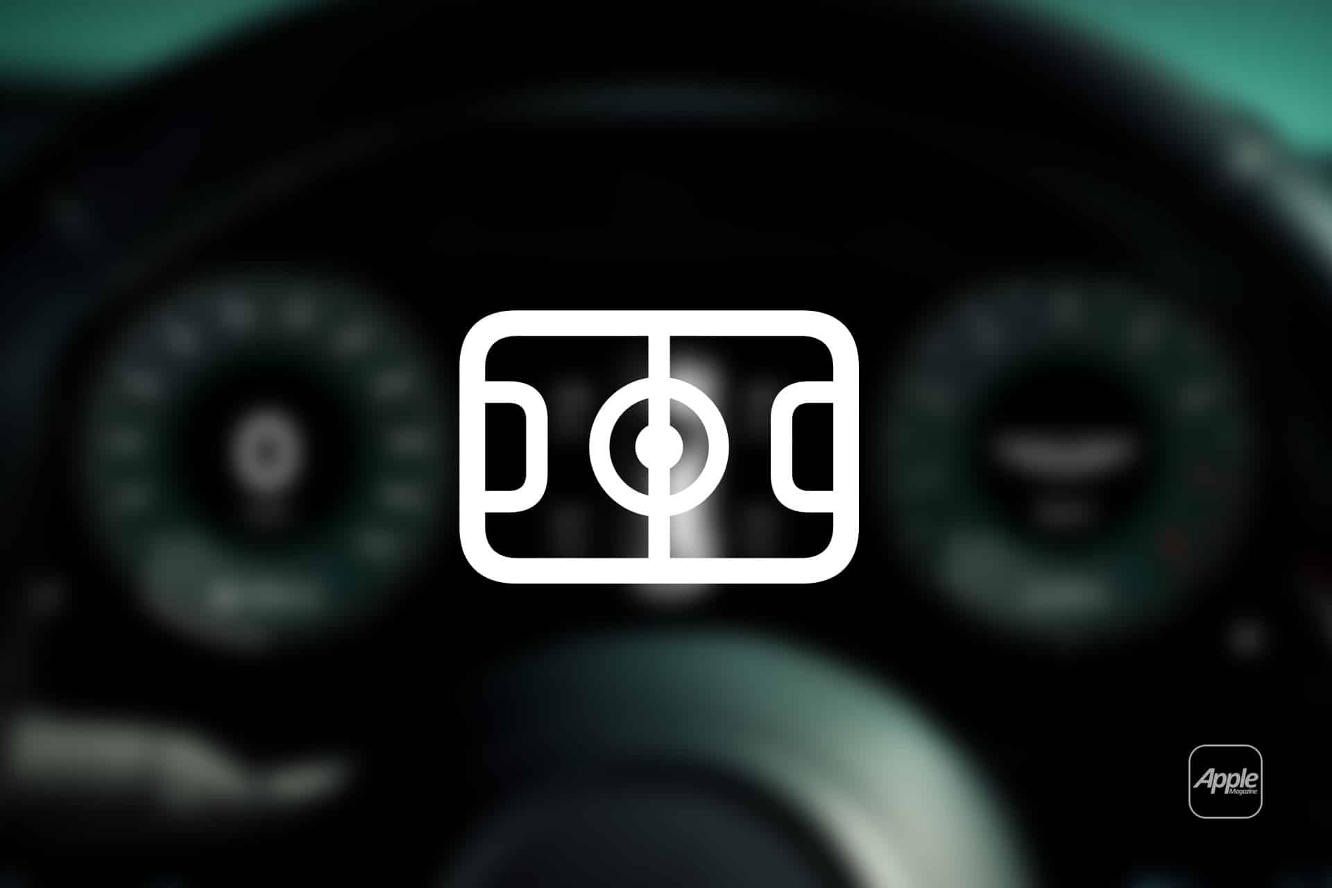 A white outline of a soccer field icon is centered over a blurred car dashboard with visible speedometer and gauge dials, highlighting Apple Sports widgets. The Apple logo appears in the bottom right corner.