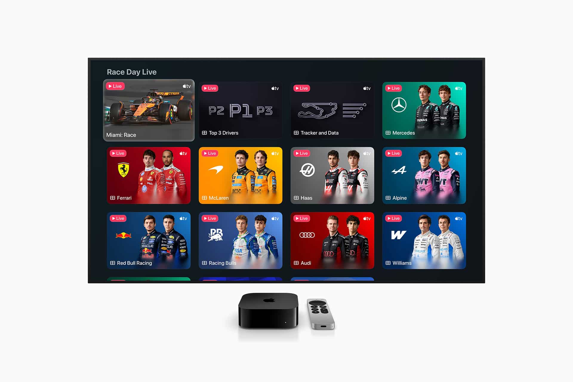 A TV screen displays a Formula 1 race day live interface with multiple panels showing Miami Grand Prix standings, teams, and driver images. An Apple TV device and remote are placed in front of the TV.