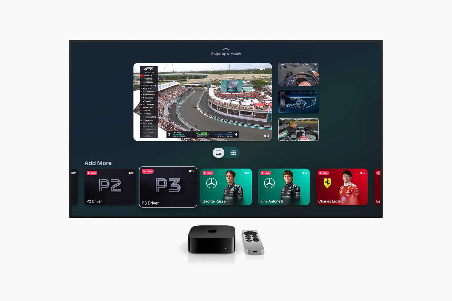 A TV screen displays the Miami Grand Prix Formula 1 race with multiple video feeds, stats, and driver info panels. Below the TV are an Apple TV device and remote on a white surface.