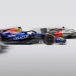 Three Formula 1 cars in motion blur across a white background, featuring prominent Red Bull Racing and Renault liveries, capturing the speed and competition of the Miami Grand Prix.