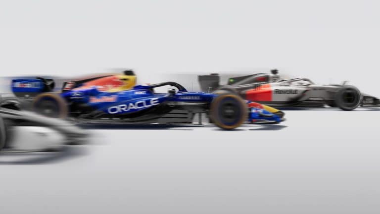 Three Formula 1 cars in motion blur across a white background, featuring prominent Red Bull Racing and Renault liveries, capturing the speed and competition of the Miami Grand Prix.
