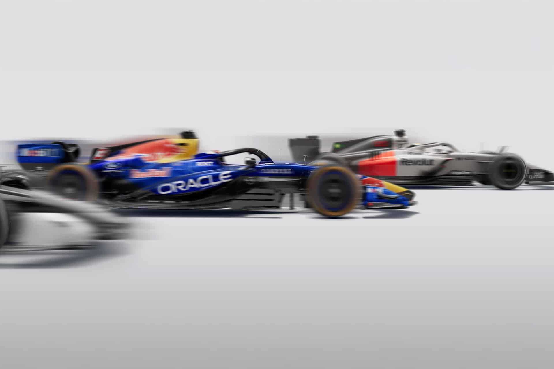 Three Formula 1 cars in motion blur across a white background, featuring prominent Red Bull Racing and Renault liveries, capturing the speed and competition of the Miami Grand Prix.
