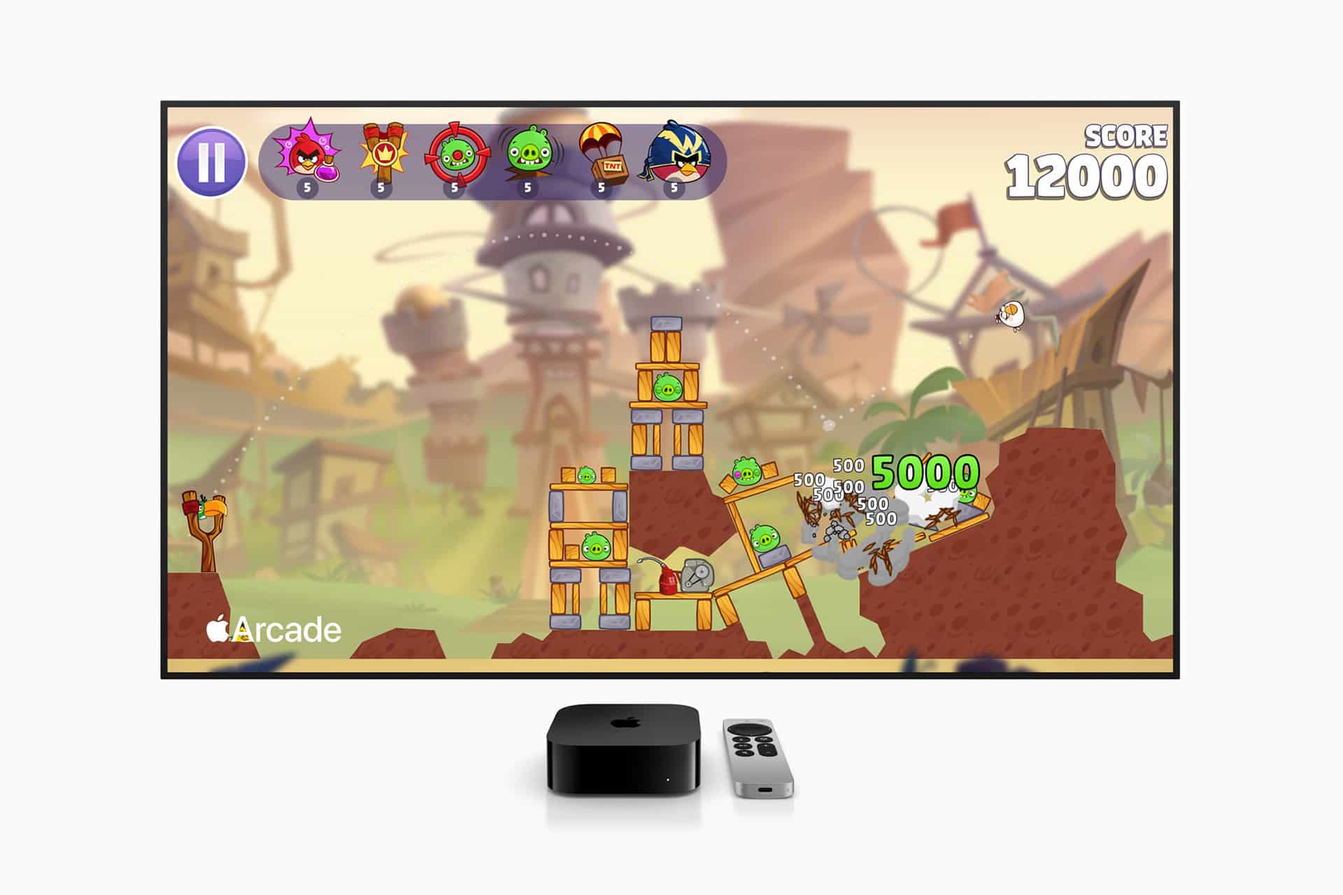 Apple TV tracking - A TV screen displays an Angry Birds game with a high score of 12,000. An Apple TV gaming setup with its remote sits below the screen, while the Apple Arcade logo appears in the bottom left corner.