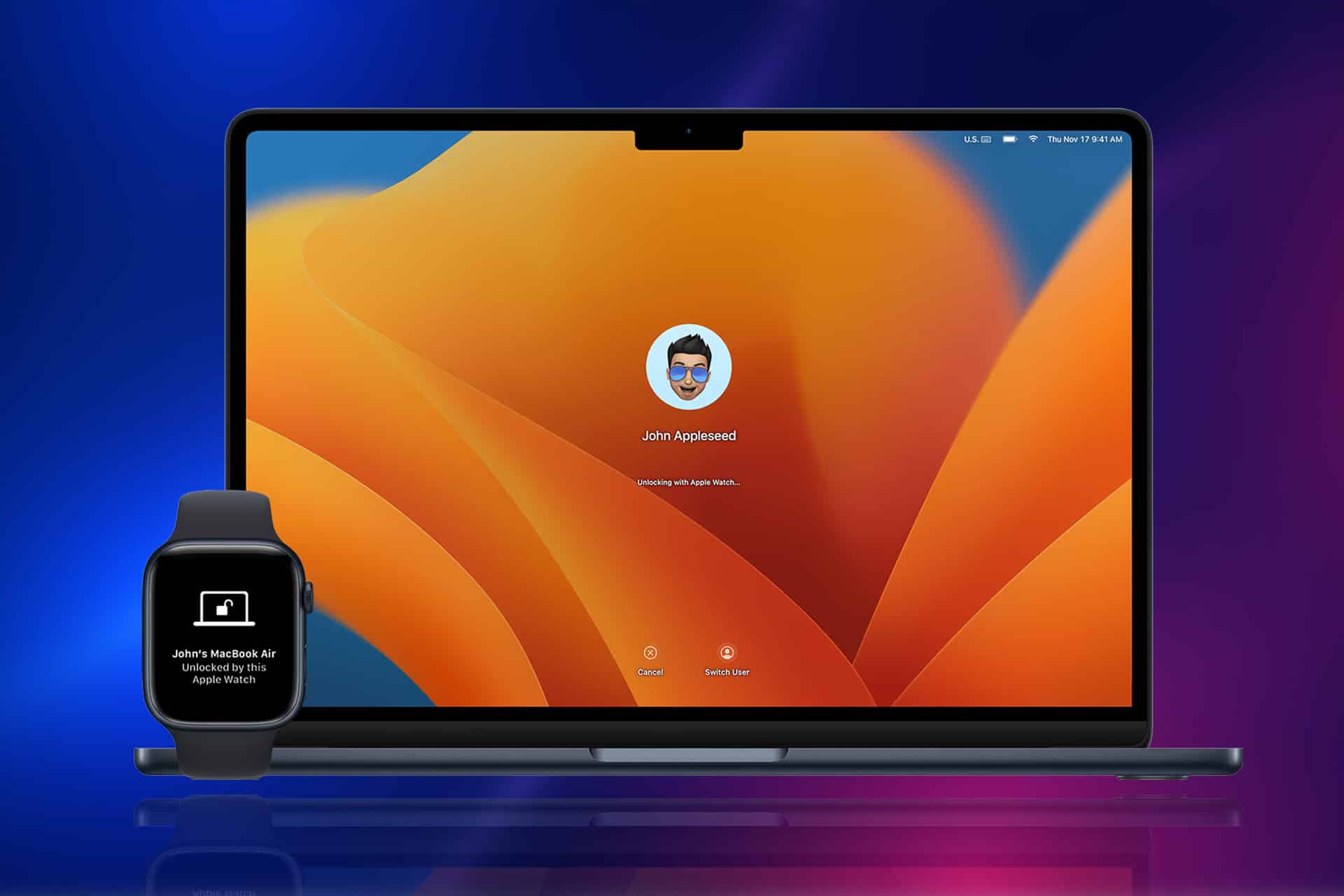 A MacBook displays a login screen for "John Appleseed" with an orange and blue background, while an Apple Watch in front shows an Apple Watch unlock notification unlocking the MacBook Air.