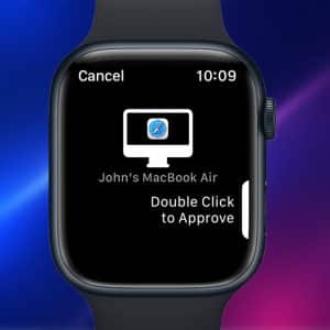A close-up of an Apple Watch screen showing a prompt to approve a Safari action on John's MacBook Air, featuring the "Double Click to Approve" message and the Apple Watch unlock feature. The time displayed is 10:09.