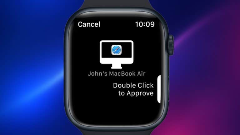 A close-up of an Apple Watch screen showing a prompt to approve a Safari action on John's MacBook Air, featuring the "Double Click to Approve" message and the Apple Watch unlock feature. The time displayed is 10:09.