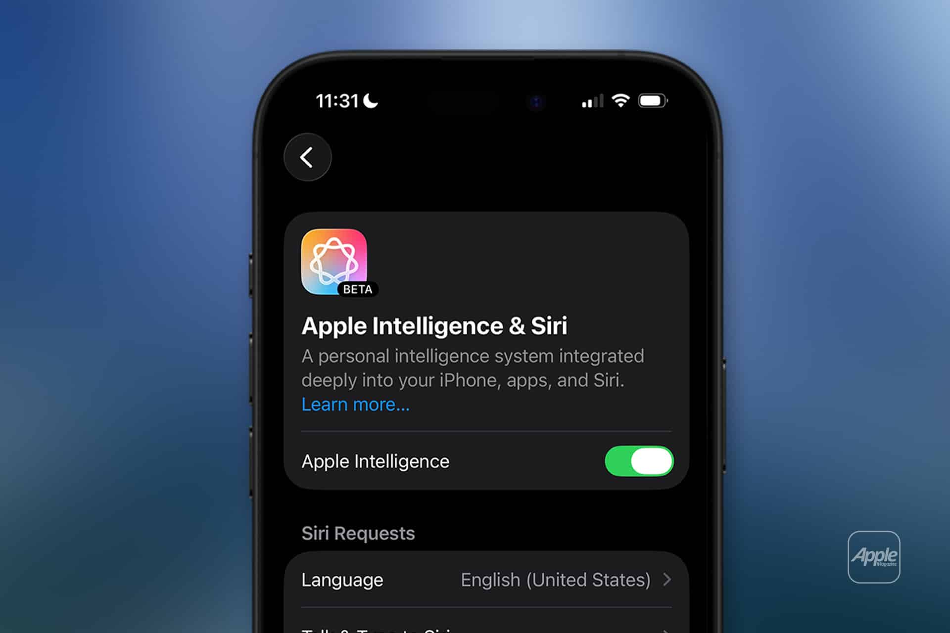 A smartphone screen displays the "Apple Intelligence & Siri" settings page, highlighting language translation options. The time is 11:31, and the blurred blue background adds focus to the enabled feature and its brief description.