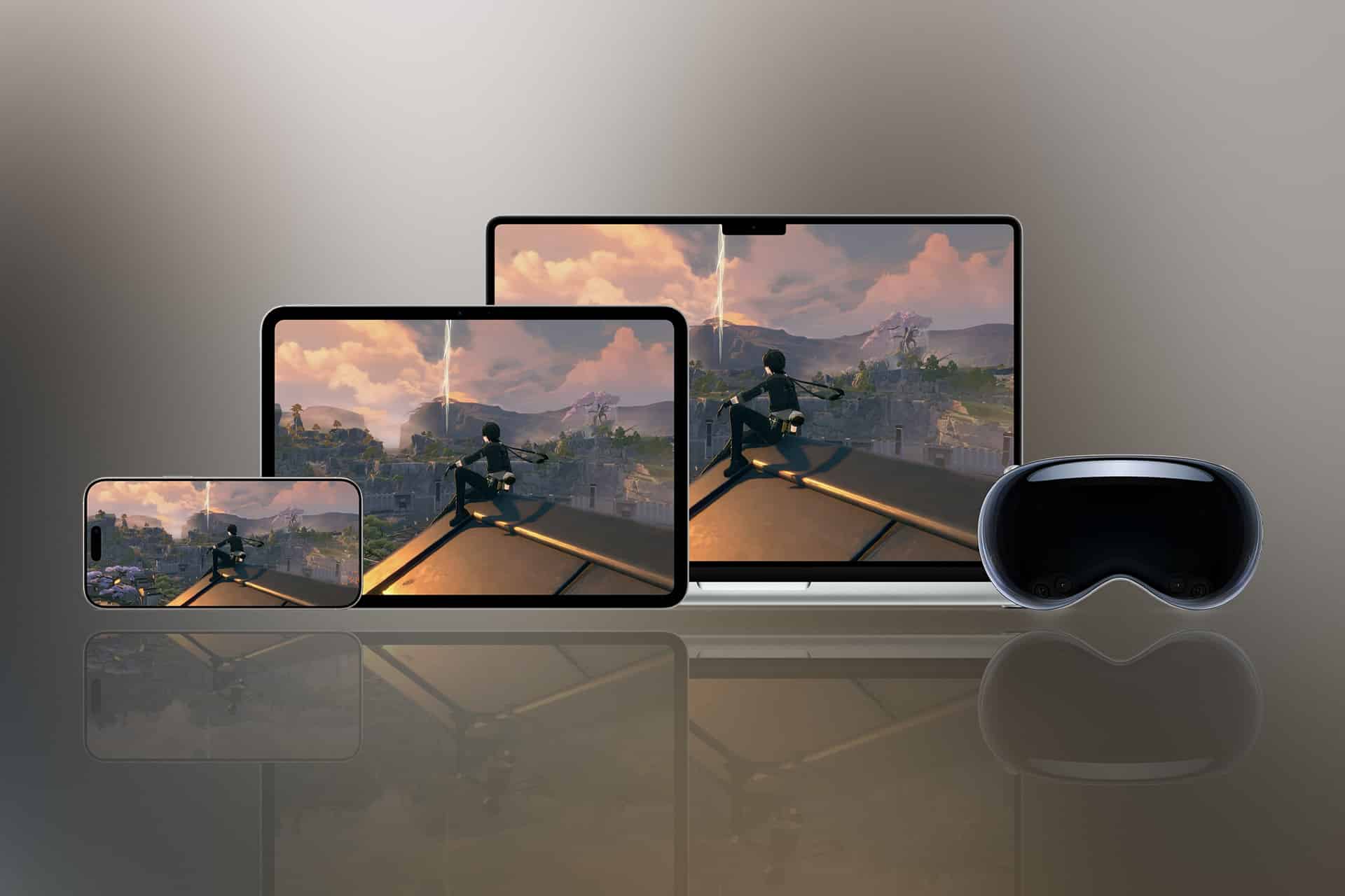 A smartphone, tablet, laptop, and VR headset are displayed side by side—each showcasing the same animated game scene powered by Mac GPU performance, with a character overlooking a city from a rooftop at sunset on a reflective surface.