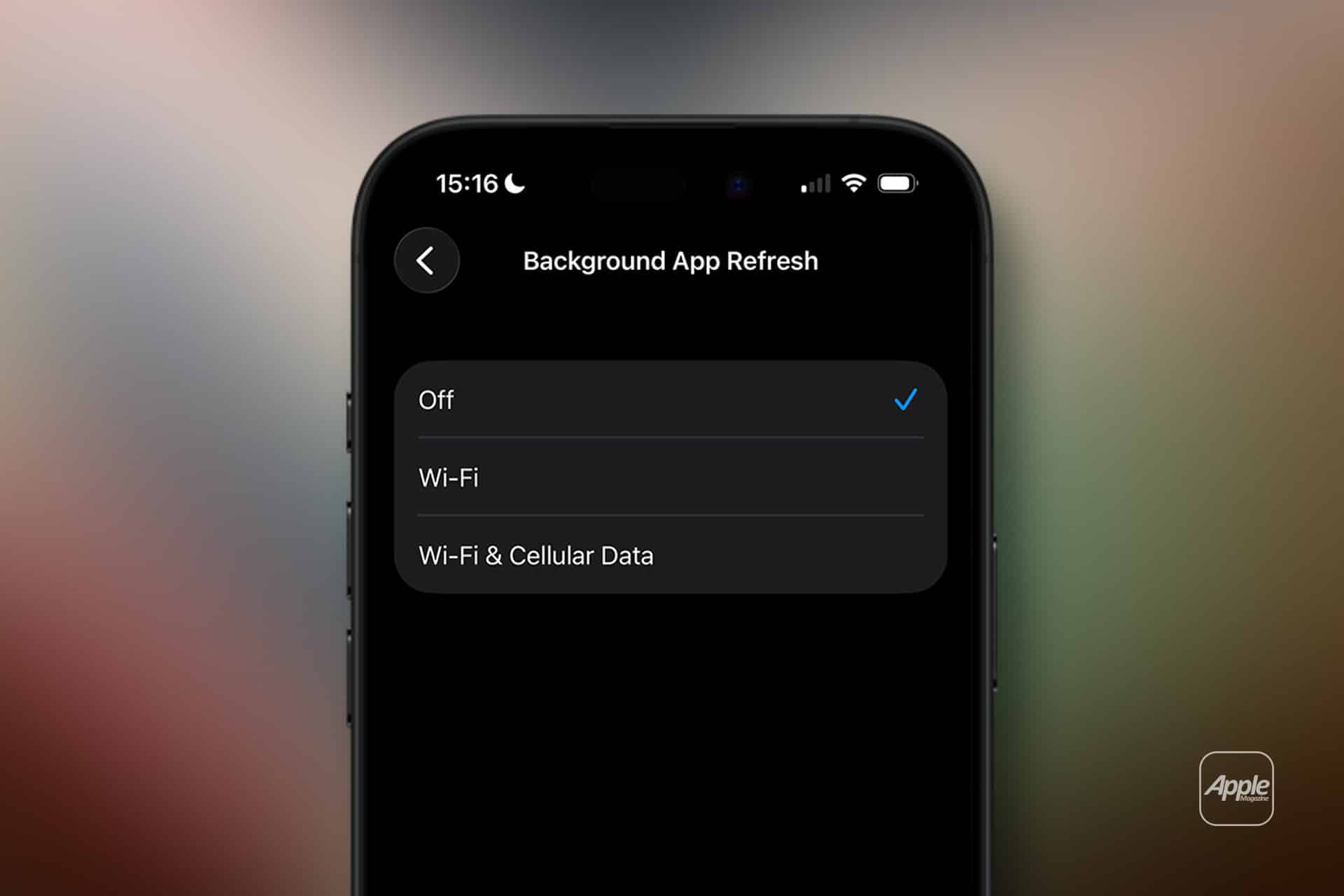 A smartphone screen shows the iPhone "Background App Refresh" settings menu with options: Off (selected), Wi-Fi, and Wi-Fi & Cellular Data, letting you choose when apps use mobile data. The time displayed is 15:16.