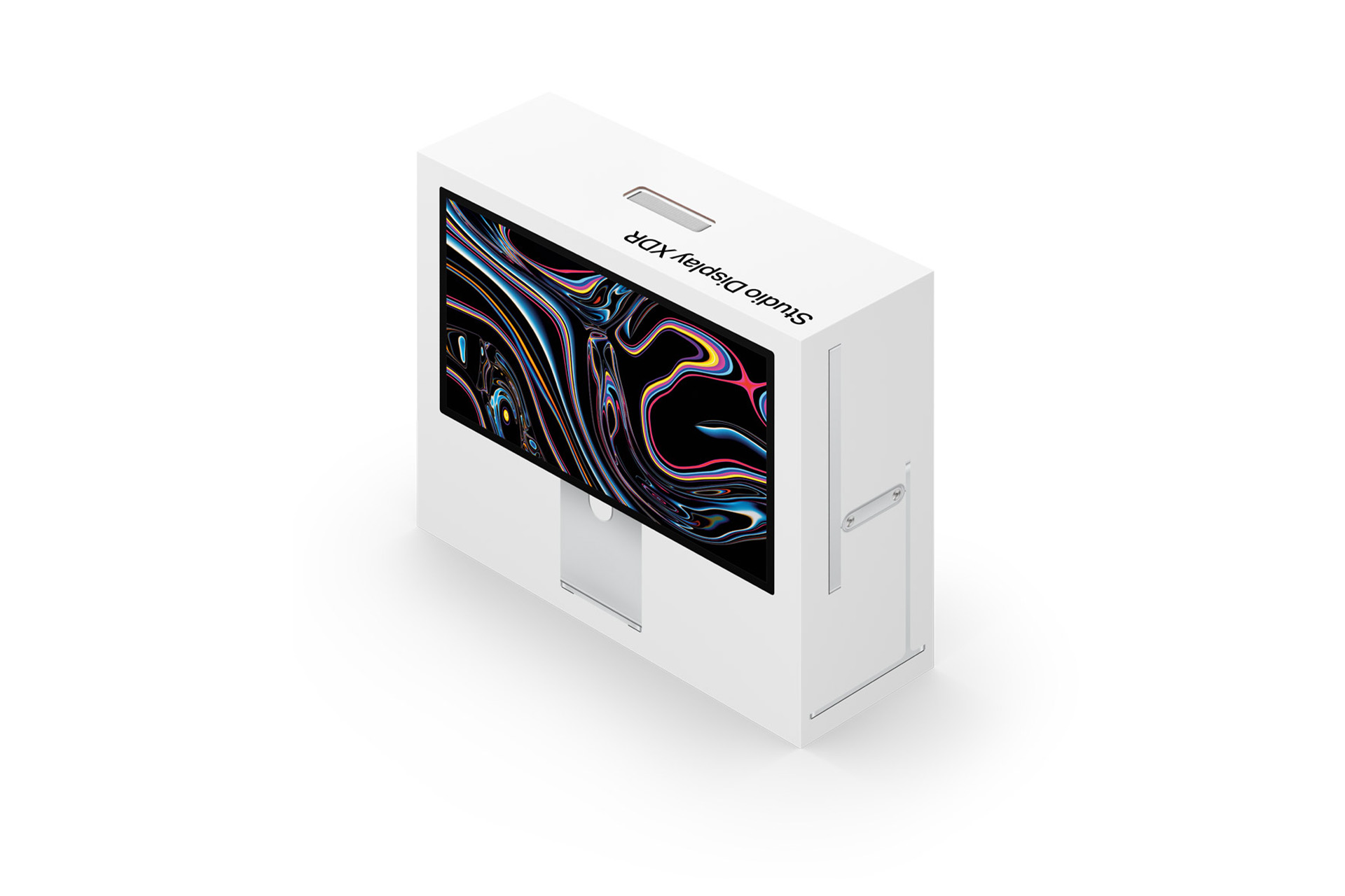 A modern, white digital display kiosk with a large, colorful abstract screen on the front and “studio display kiosk” text on the top, shown on a plain white background—perfect for capturing that Apple unboxing excitement.