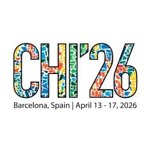 Logo for CHI'26 with mosaic-patterned text inspired by Apple CHI 2026. Below, it reads: "Barcelona, Spain | April 13 - 17, 2026" on a white background.