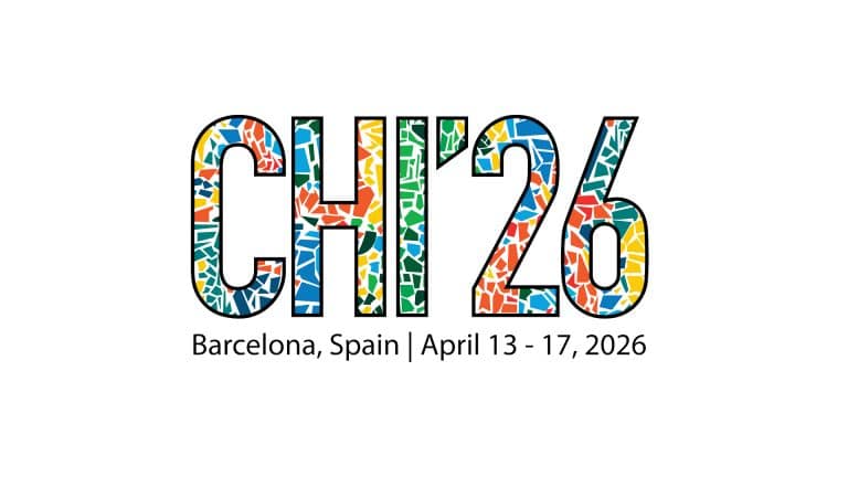 Logo for CHI'26 with mosaic-patterned text inspired by Apple CHI 2026. Below, it reads: "Barcelona, Spain | April 13 - 17, 2026" on a white background.
