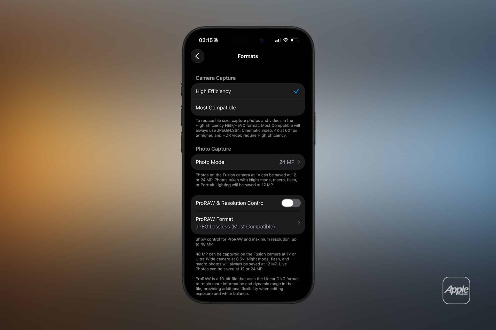 A smartphone screen displays iPhone camera formats settings, with "High Efficiency" selected. Options for photo mode, ProRAW and resolution control, and ProRAW format are shown on a dark-themed interface. Apple logo is in the bottom right.