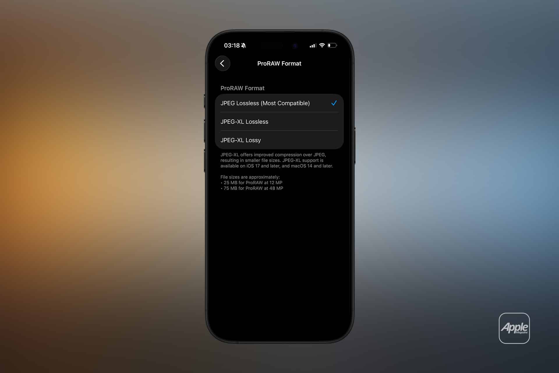 A smartphone screen displays "ProRAW Format" settings with iPhone camera formats like "JPEG Lossless (Most Compatible)", "JPEG-XL Lossless", and "JPEG-XL Lossy". A gradient background and Apple logo complete the look.