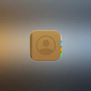 A brown square icon featuring a person silhouette and colored tabs symbolizes contacts group management, centered on a blurred gradient background. An Apple logo with "Apple" text appears in the lower right corner.