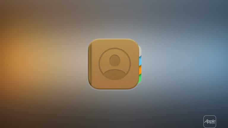 A brown square icon featuring a person silhouette and colored tabs symbolizes contacts group management, centered on a blurred gradient background. An Apple logo with "Apple" text appears in the lower right corner.