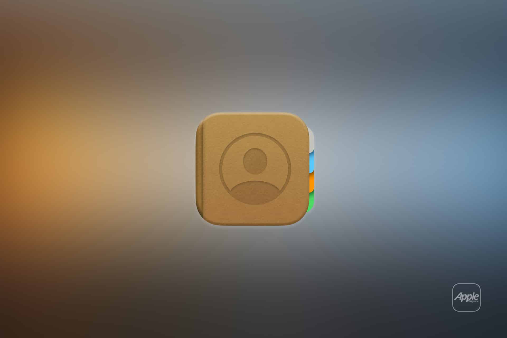 A brown square icon featuring a person silhouette and colored tabs symbolizes contacts group management, centered on a blurred gradient background. An Apple logo with "Apple" text appears in the lower right corner.