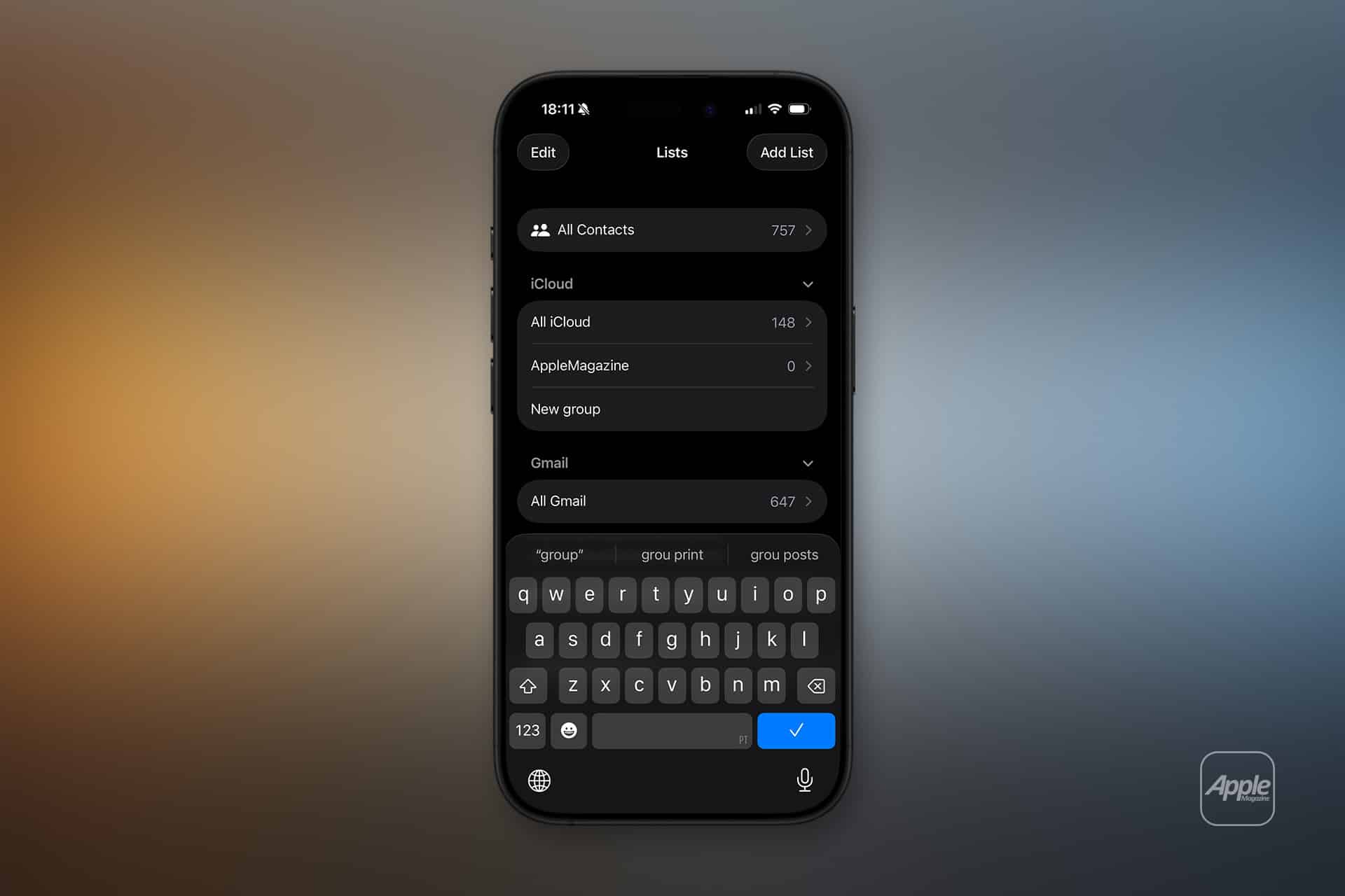 A smartphone screen displays a dark-themed contact list app with search, filter, and contacts group management options. The on-screen keyboard is visible, and the background is a blurred gradient. An Apple logo appears in the bottom right corner.