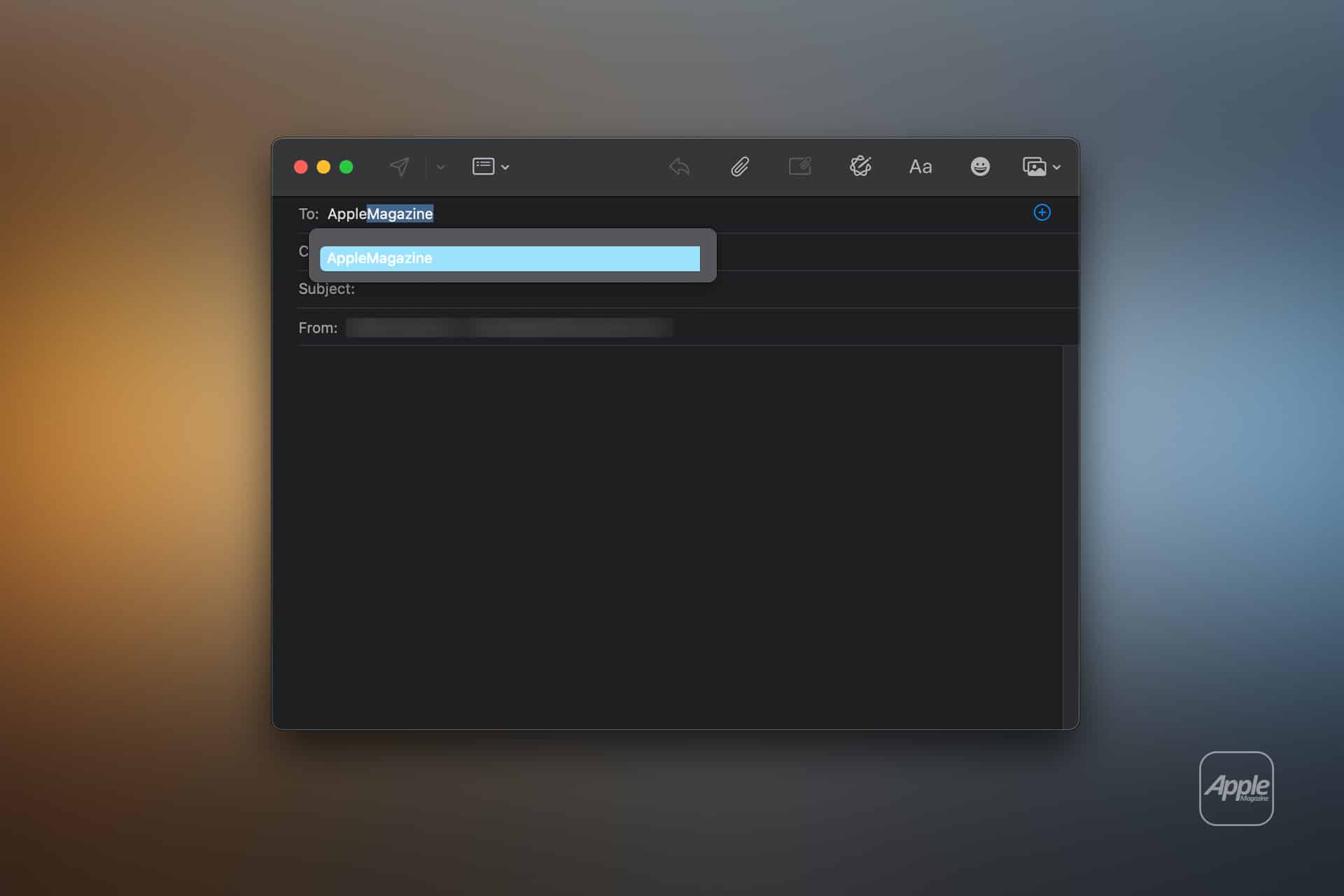 A dark-themed email compose window with "AppleMagazine" selected in the recipient field, showcasing contacts group management. The background is blurred, and a small Apple logo appears in the bottom right corner.