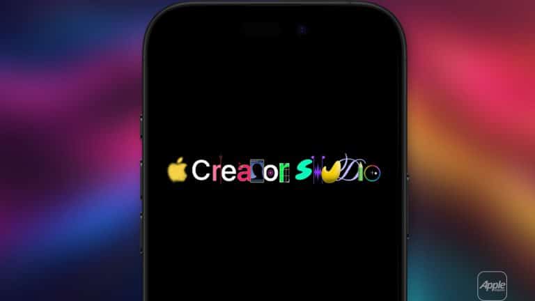 A smartphone screen displays "Creators Studio," each letter styled as an Apple app icon, set against a dark background with colorful gradients. An Apple logo appears in the bottom right corner, highlighting the latest Creator Studio update.
