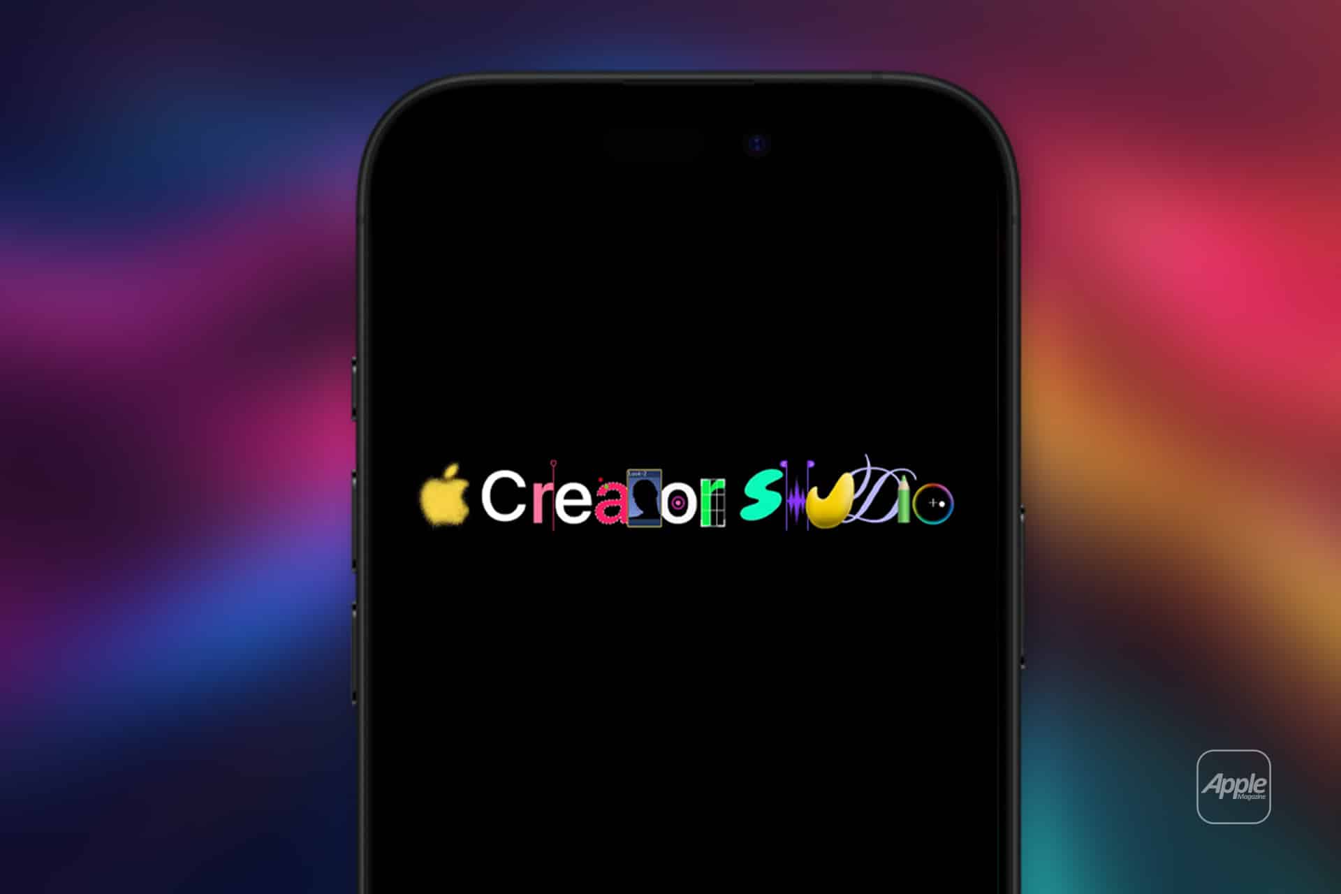 A smartphone screen displays "Creators Studio," each letter styled as an Apple app icon, set against a dark background with colorful gradients. An Apple logo appears in the bottom right corner, highlighting the latest Creator Studio update.