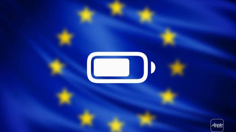 A battery icon is centered on a waving European Union flag with yellow stars on a blue background, symbolizing the EU Battery Rule. An Apple logo appears in the bottom right corner.