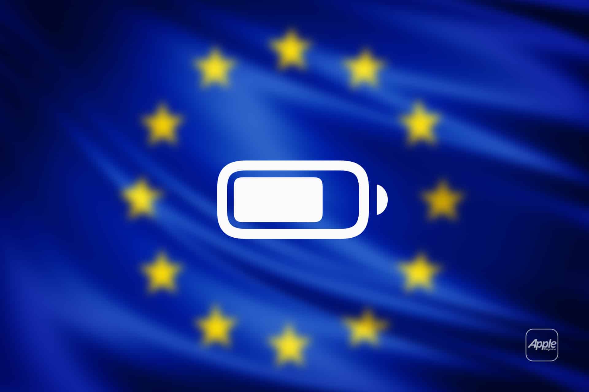A battery icon is centered on a waving European Union flag with yellow stars on a blue background, symbolizing the EU Battery Rule. An Apple logo appears in the bottom right corner.