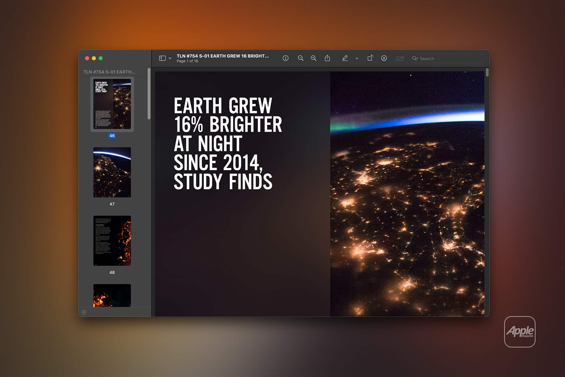 A computer screen displays a presentation slide with a satellite image of Earth at night and the text: "Earth grew 16% brighter at night since 2014, study finds." Preview PDF tools are visible on the left alongside smaller previews of other slides.