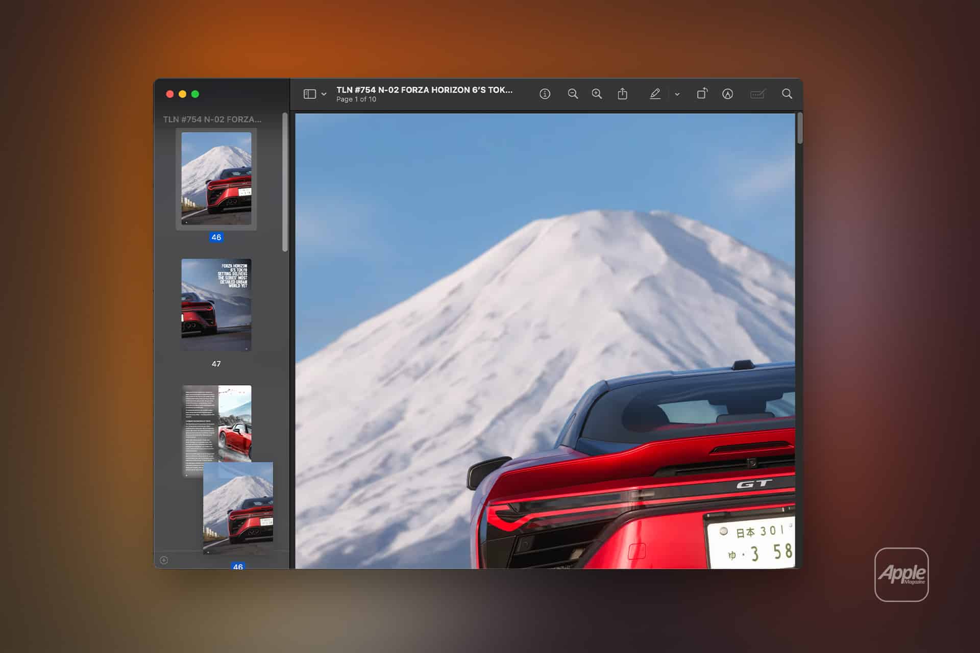 A computer screen displays a photo editing app showing a red sports car with snowy mountains behind. Photo thumbnails appear in a left sidebar, alongside Preview PDF tools. An Apple logo is visible in the bottom right corner.
