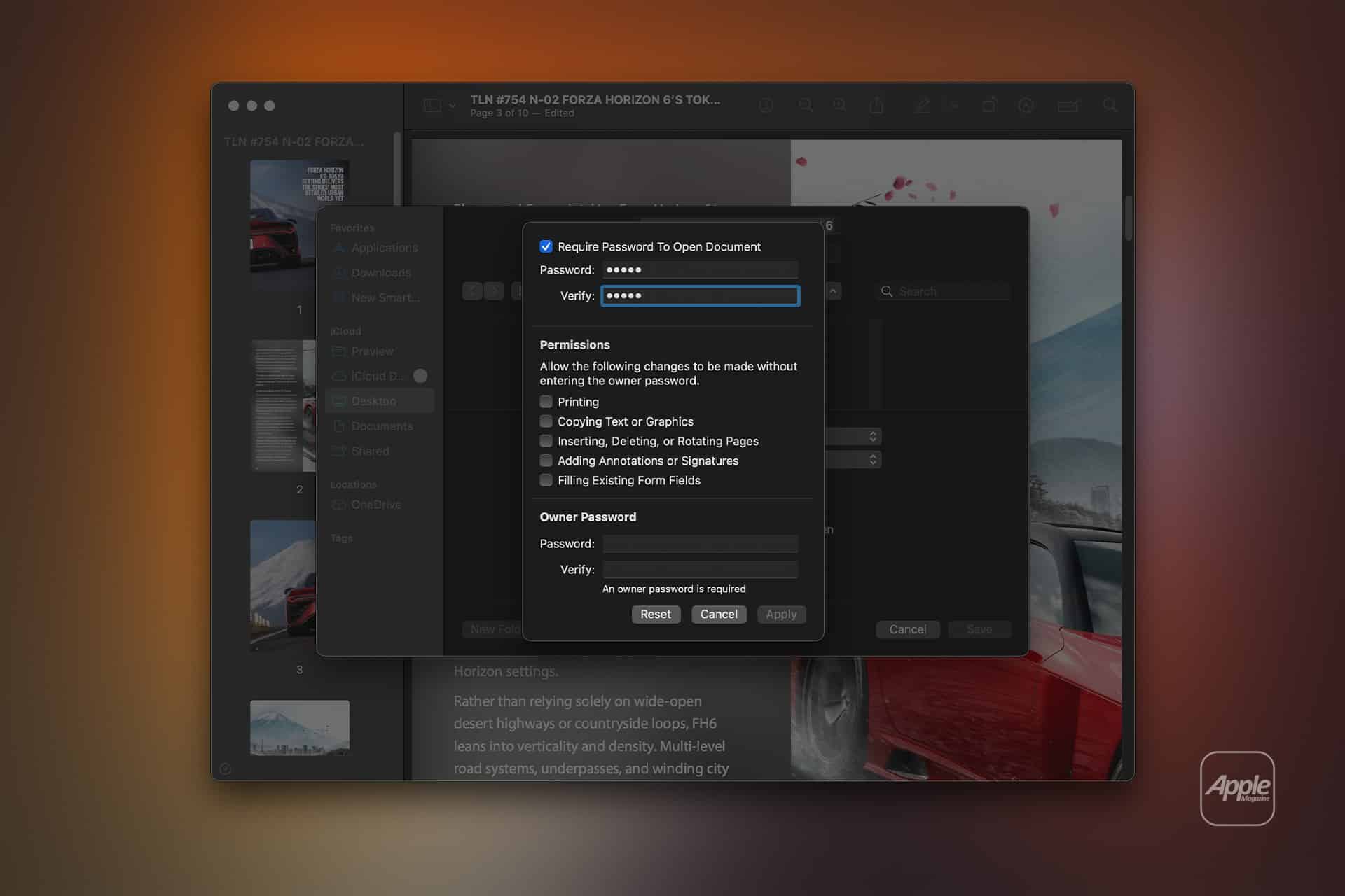 A computer screen shows a password dialog box titled "Require Password to Open Document," prompting the user to enter and verify a password using Preview PDF tools, with options for editing permissions. The background displays a blurred document with car images.