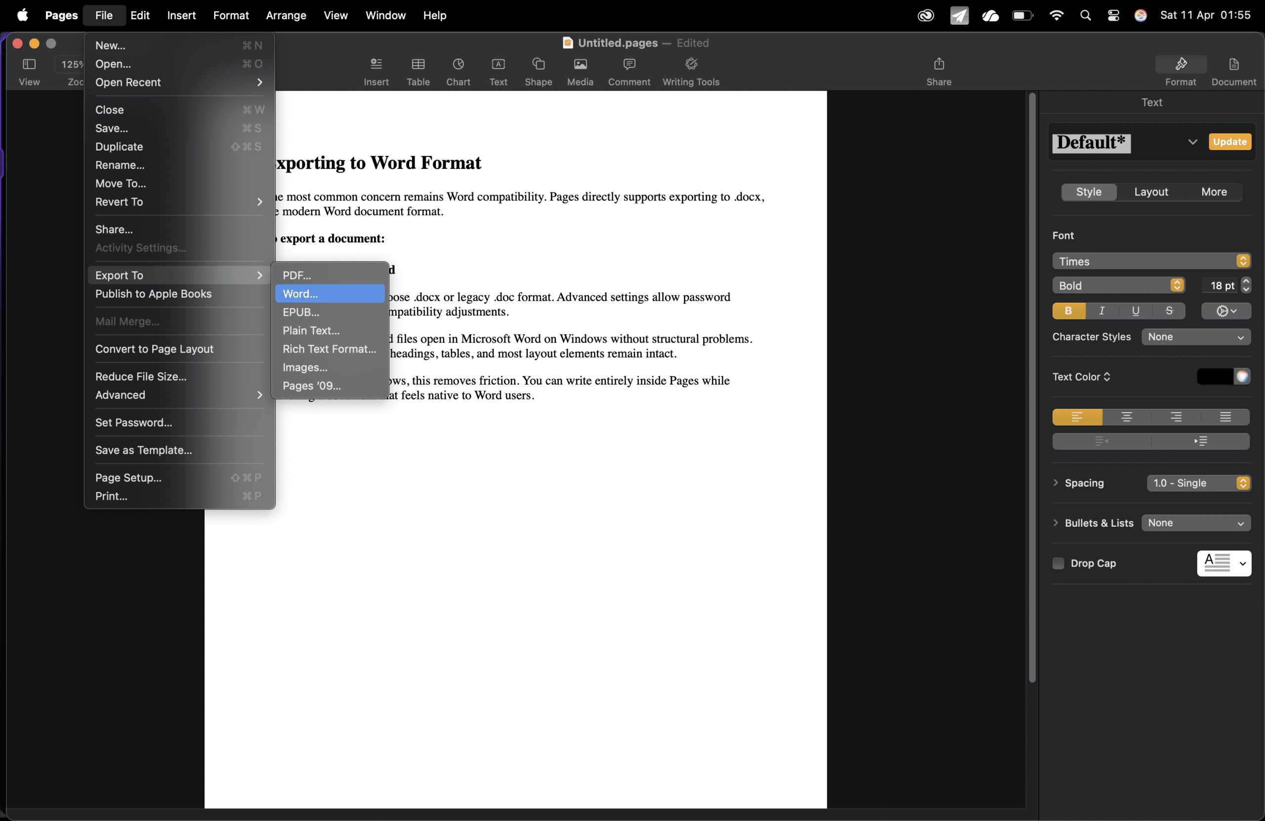 A screenshot of a Pages document on a Mac. The “File” menu is open, highlighting the “Export To” option with “PDF…” selected among various Pages export formats. The document discusses exporting to Word format, with formatting options visible on the right.