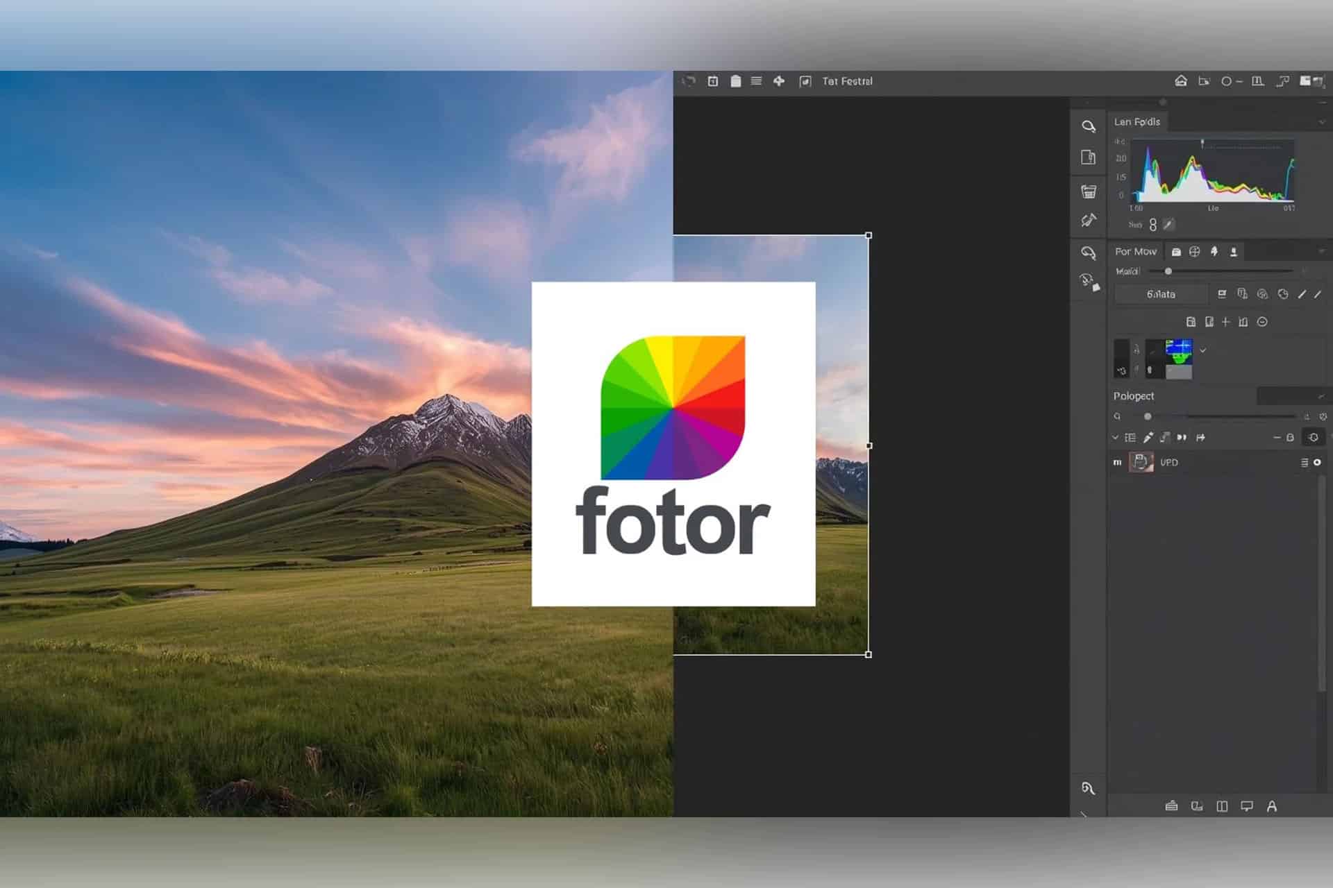 A digital workspace shows an open photo editing software with a mountain landscape photo. The Fotor logo, known for being one of the best apps for blurry photos, is centered. Editing tools and a histogram are visible on the interface.