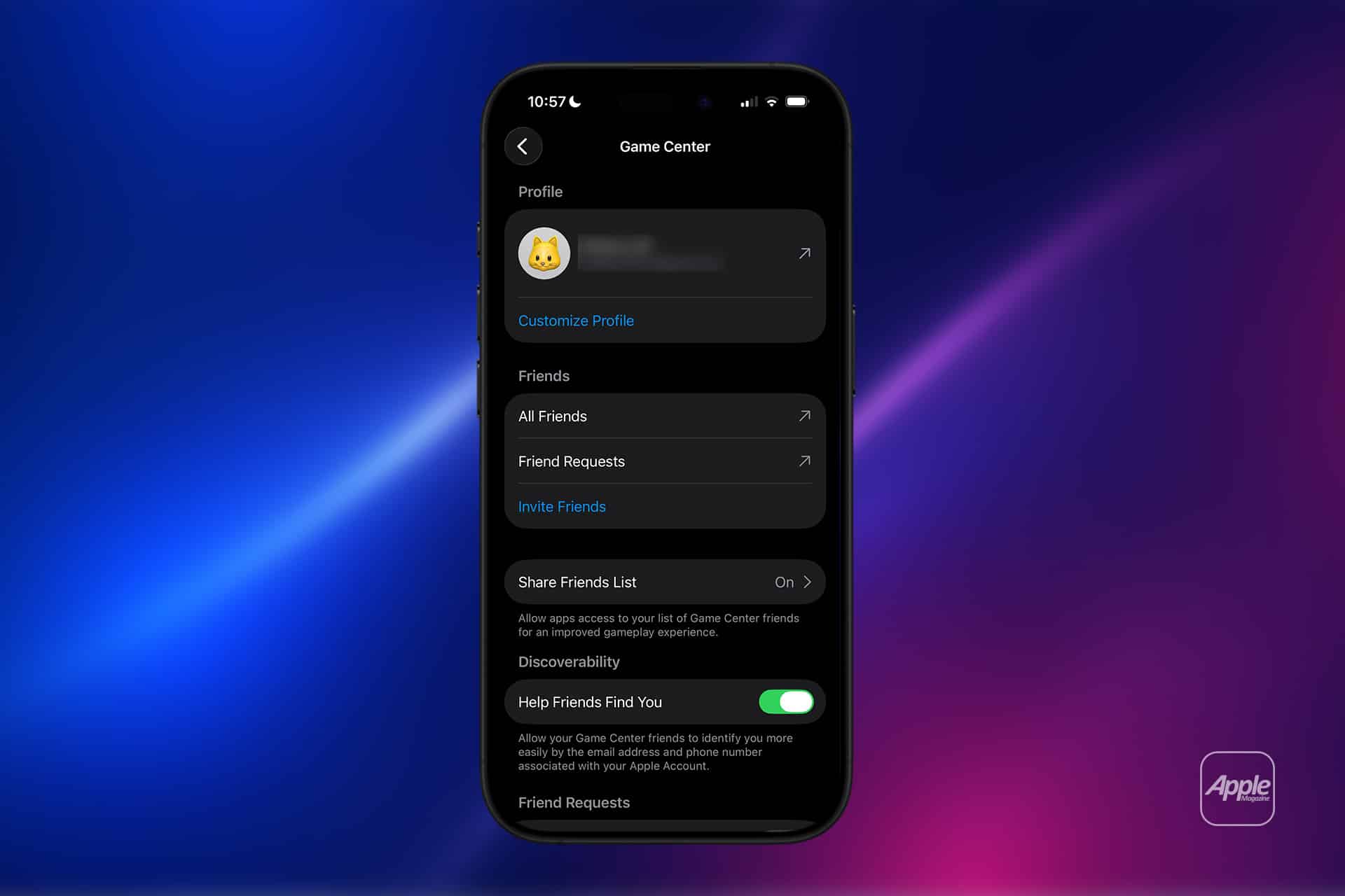 A smartphone displays the Game Center settings screen, highlighting Game Center friend invites among options like All Friends and Friend Requests, set against a blue and pink gradient background with an Apple logo in the corner.